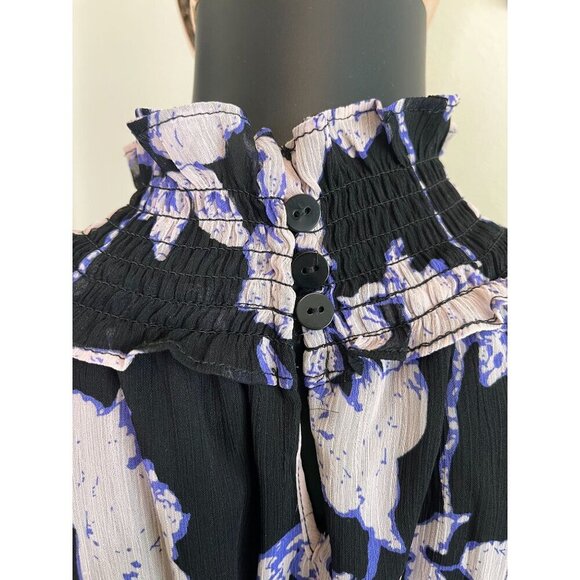 O.P.T Anthropologie Black Purple Floral Smocked Midi Dress Long Sleeve M - Picture 8 of 10